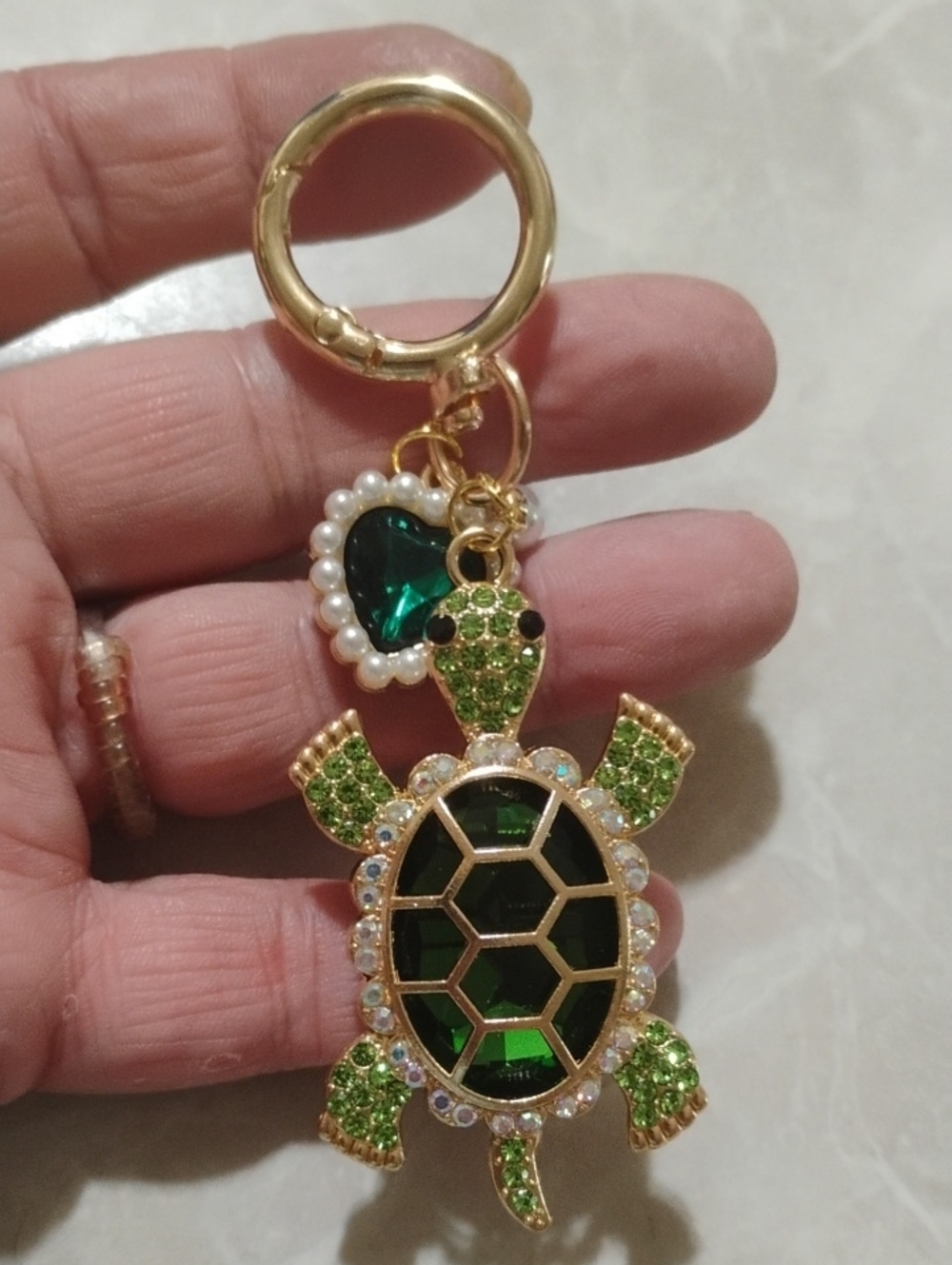 Gold-Tone Green Turtle Keychain Bag Charmswith Heart Charm